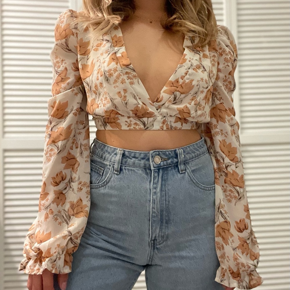 White, Orange, and Cream Floral Long Sleeve Crop Top